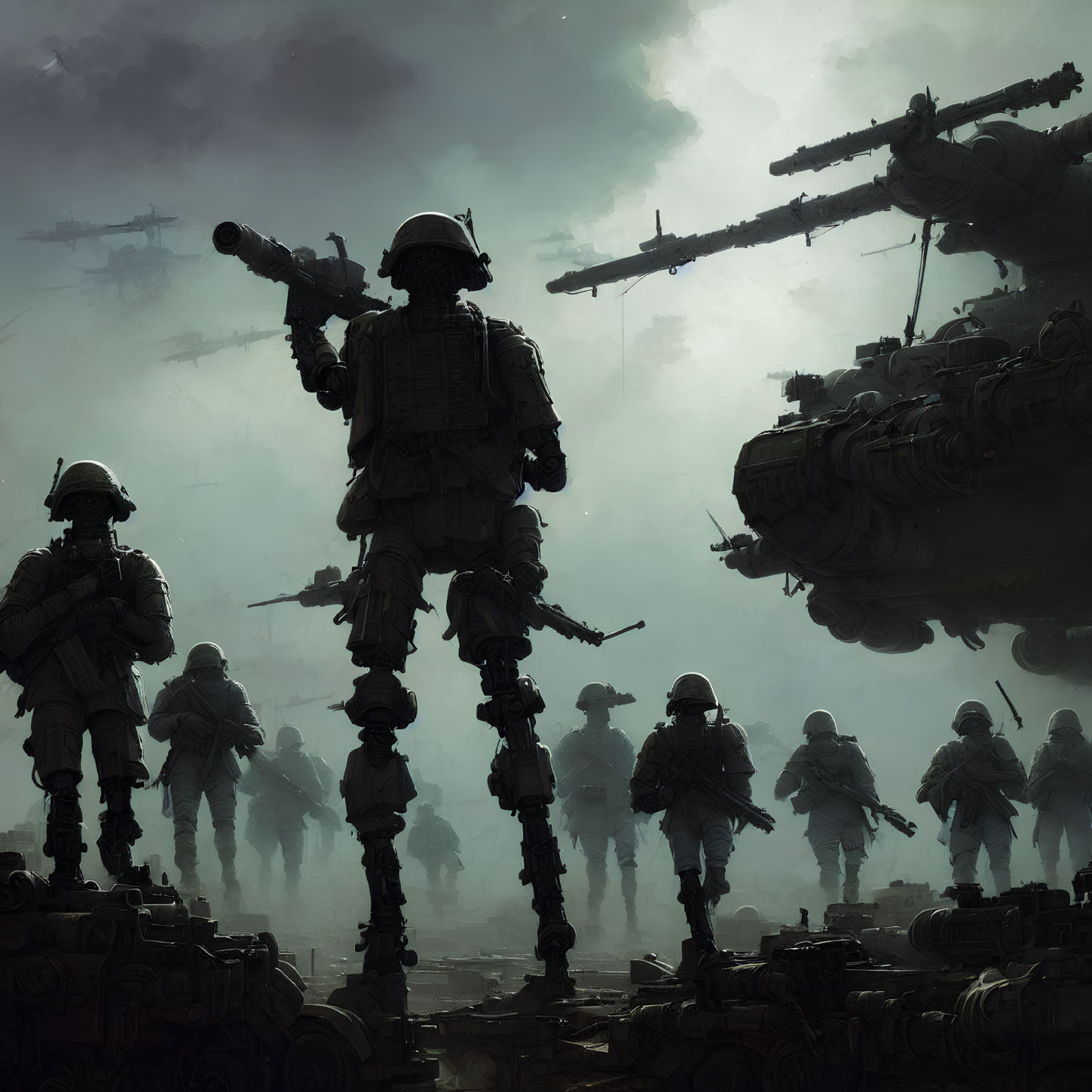 Foggy Battlefield with Soldiers, Mechs, and Tanks in Dystopian War Scene