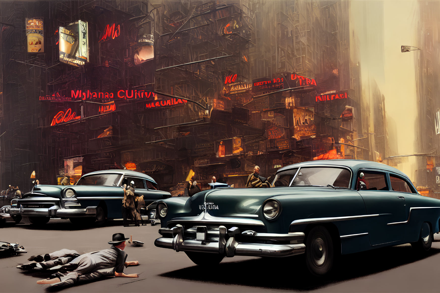 Vintage Cars and Neon Signs in 1950s Urban Street Scene