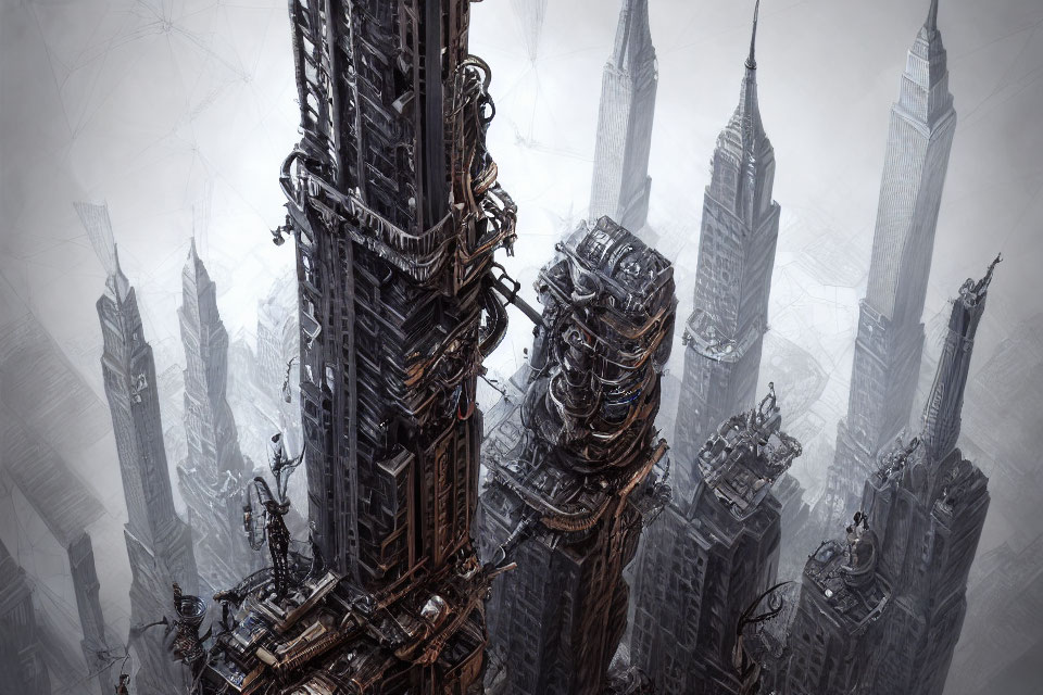 Detailed futuristic cityscape with towering skyscrapers and cables against a hazy sky