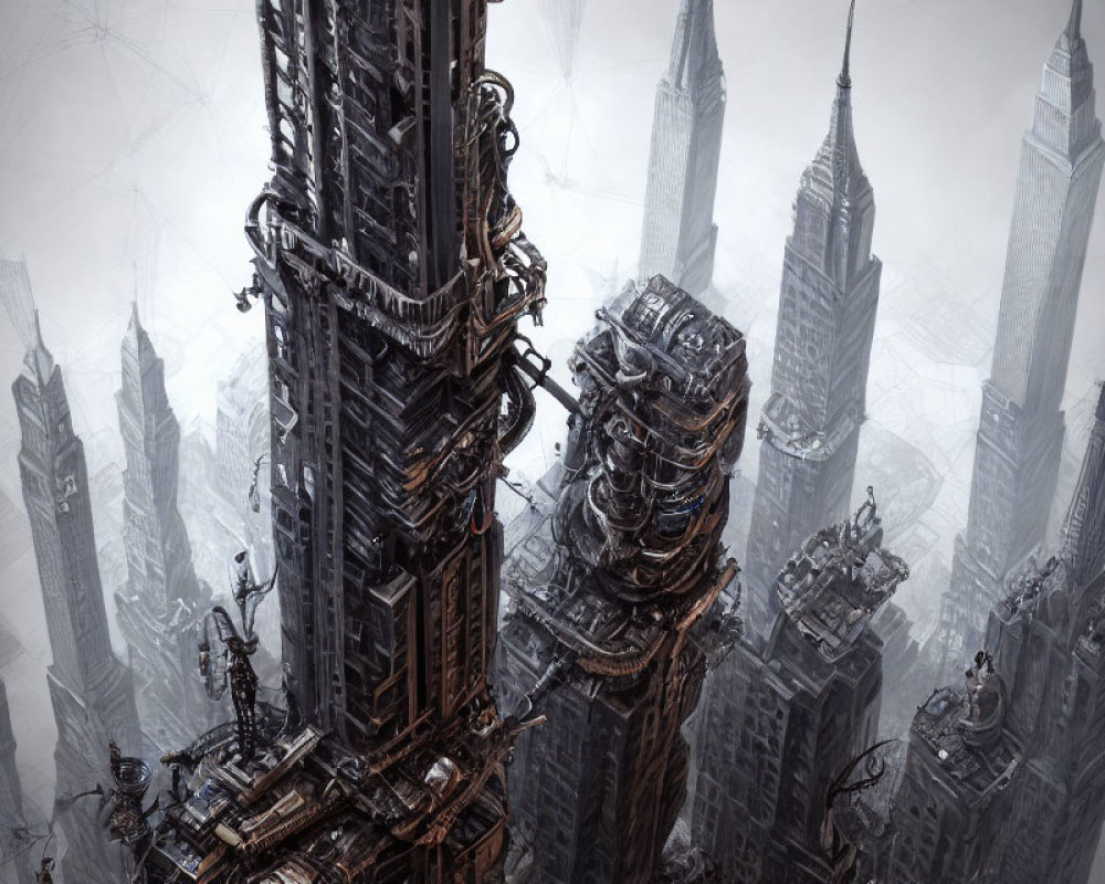 Detailed futuristic cityscape with towering skyscrapers and cables against a hazy sky