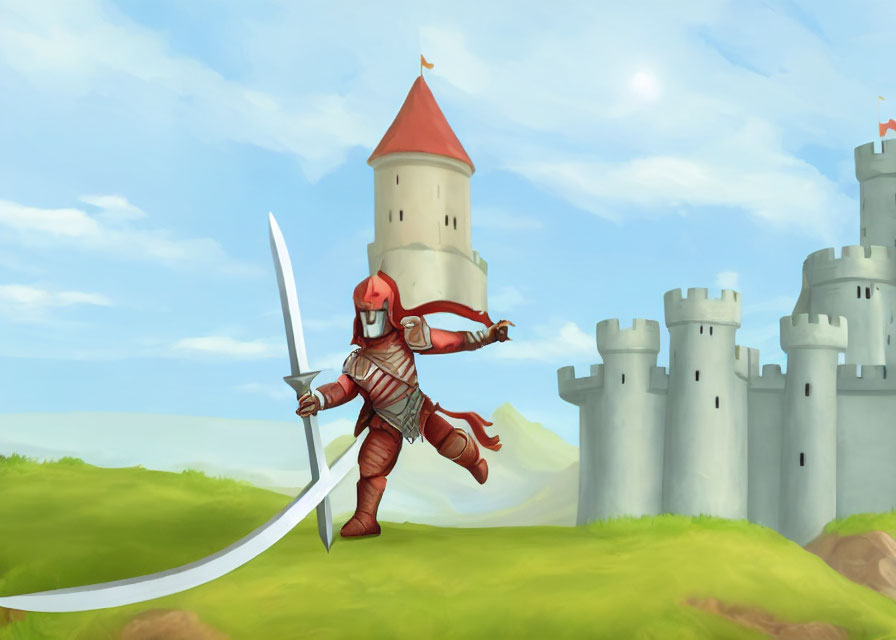 Red-armored knight with long sword and castle backdrop on sunny day