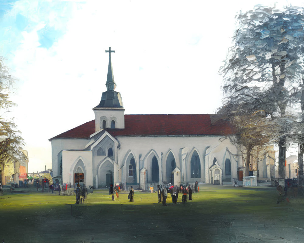 Tranquil painting of white church and people socializing in churchyard