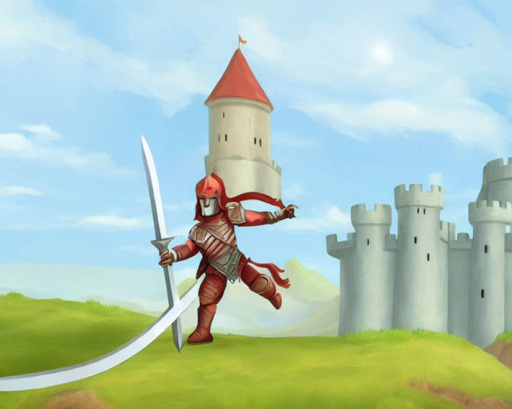 Red-armored knight with long sword and castle backdrop on sunny day