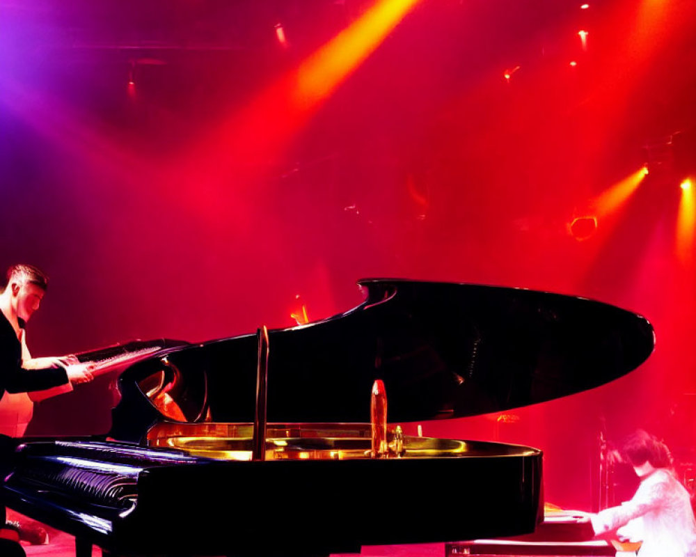 Two people playing grand pianos on stage under red and yellow lights