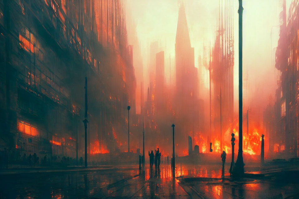 Dystopian cityscape with towering buildings and silhouetted figures