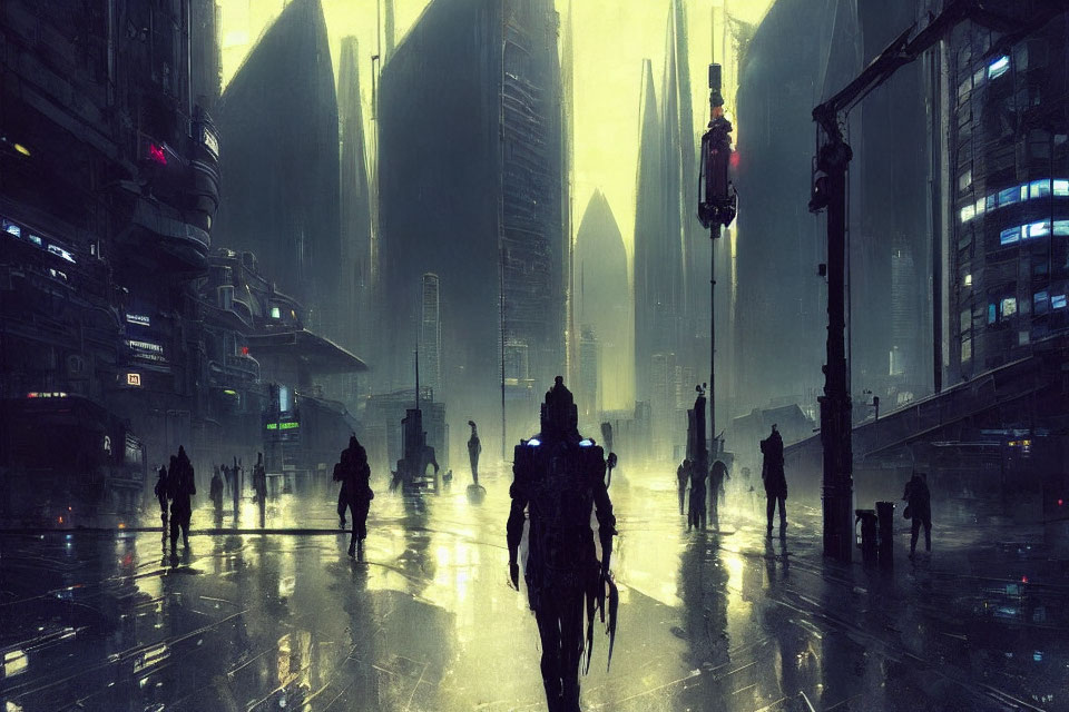 Futuristic cityscape with skyscrapers, neon signs, and silhouettes under gloomy