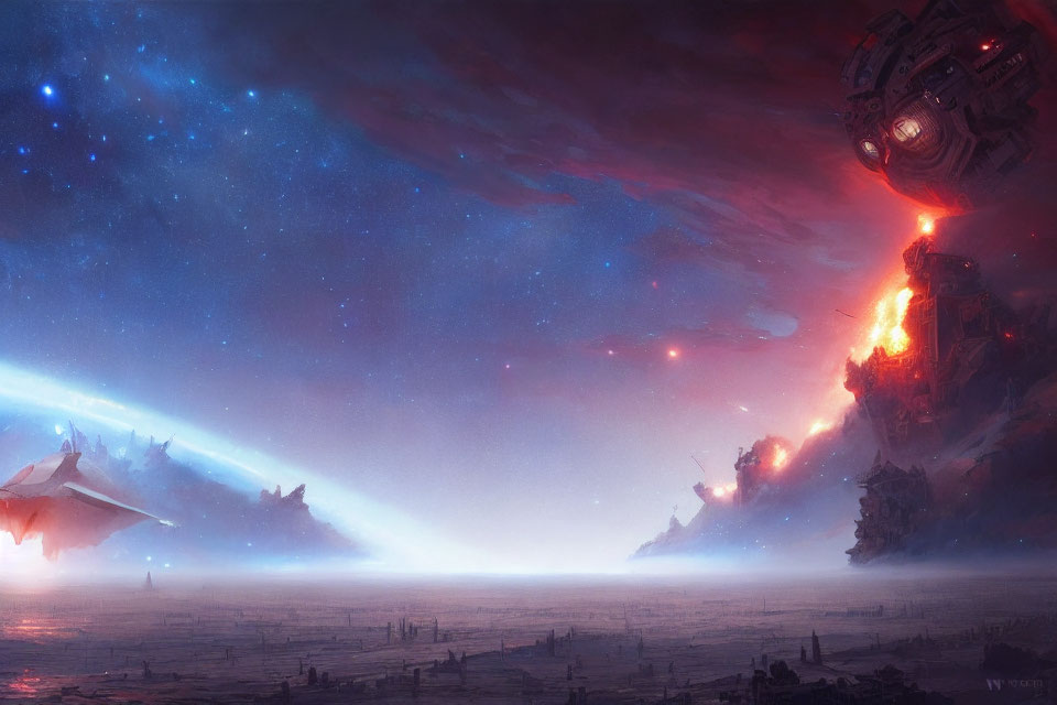 Sci-fi scene: Spaceships, alien landscape, massive structure, starry sky, nebulas