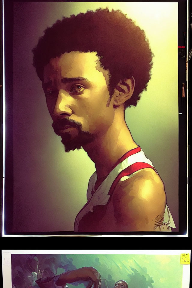 Stylized digital portrait of man with afro in golden light