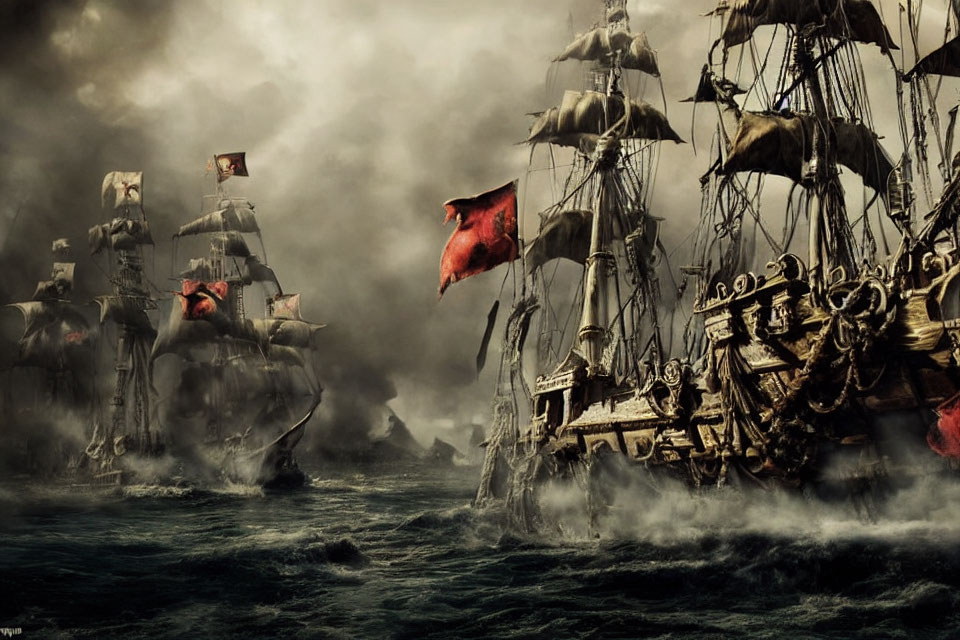 Weathered pirate ships with torn sails in stormy seas.