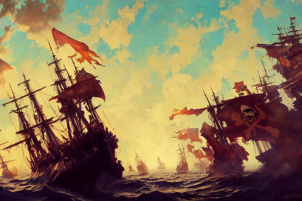 Pirate ships with raised sails on wavy ocean under golden sky