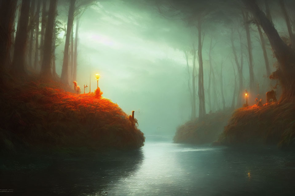 Mystical forest with river and lantern lights in foggy ambiance