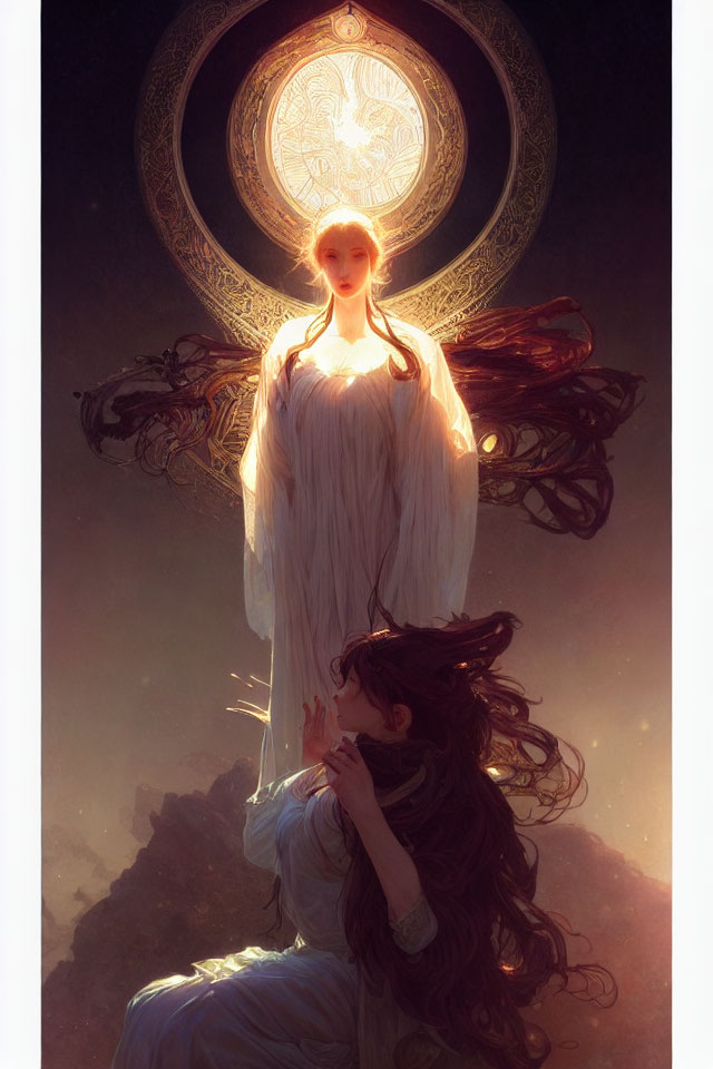 Ethereal artwork featuring two figures in radiant glow and dreamy backdrop