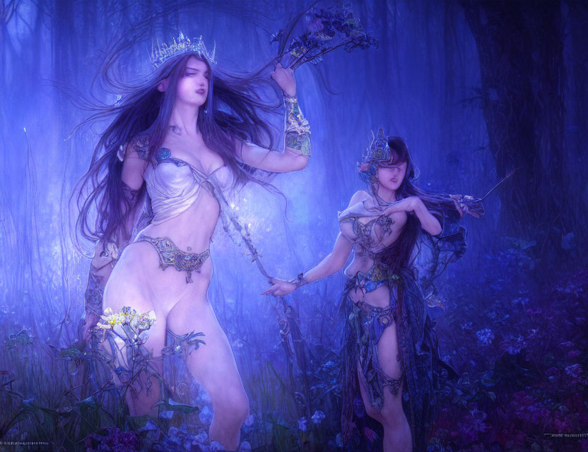 Ethereal women in mystical forest with crown, branch, and bow