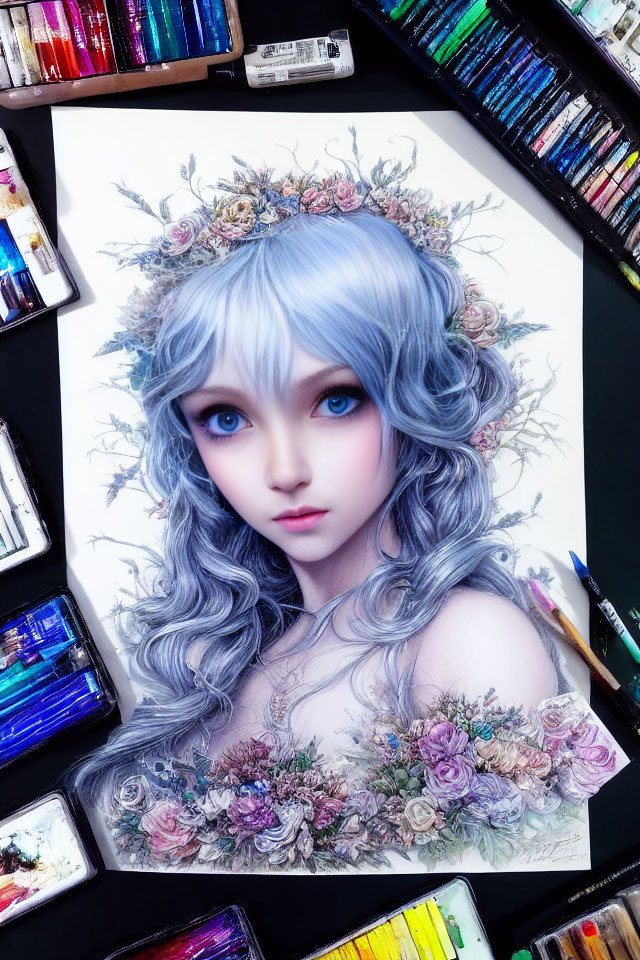 Portrait of girl with blue eyes and silver curly hair in floral wreath among art supplies