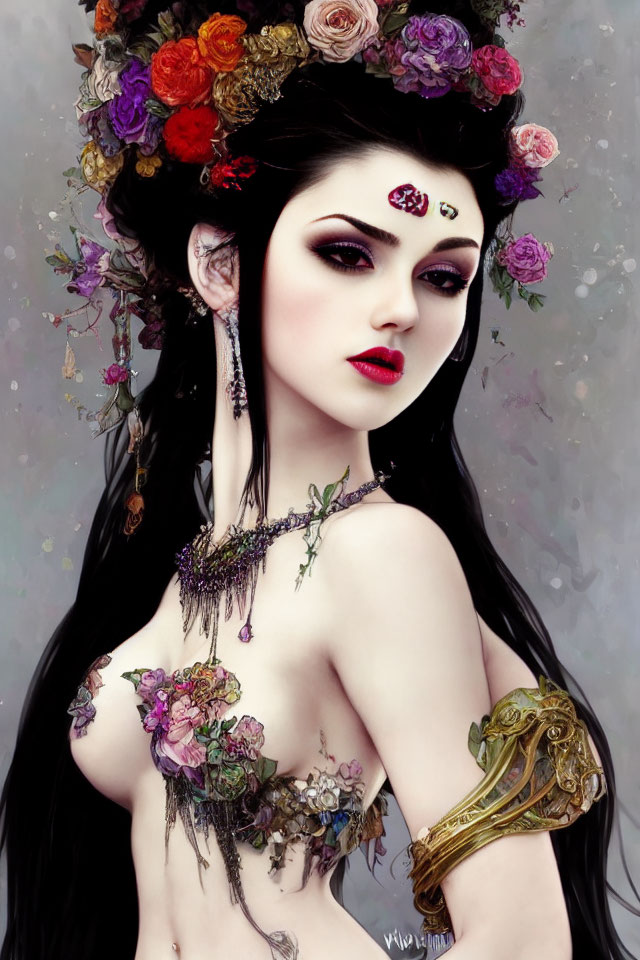 Pale woman with black hair and floral body art on grey background