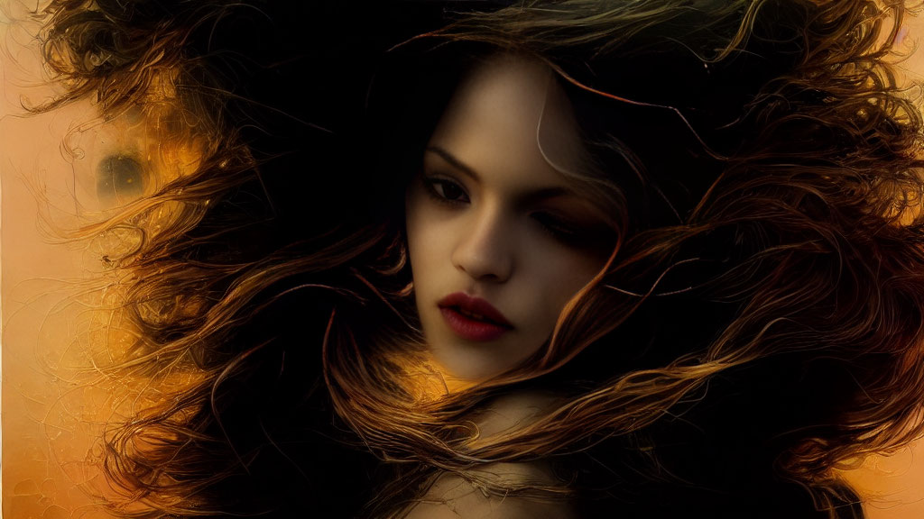 Dark-haired woman with red lips on amber background exudes mystery