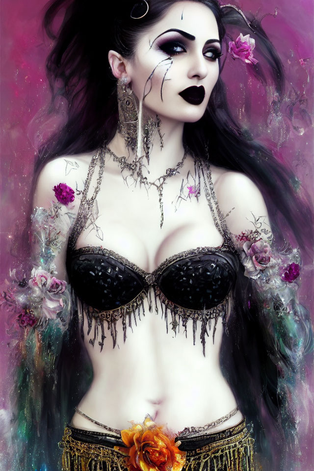 Gothic Woman with Elaborate Earrings in Purple Haze