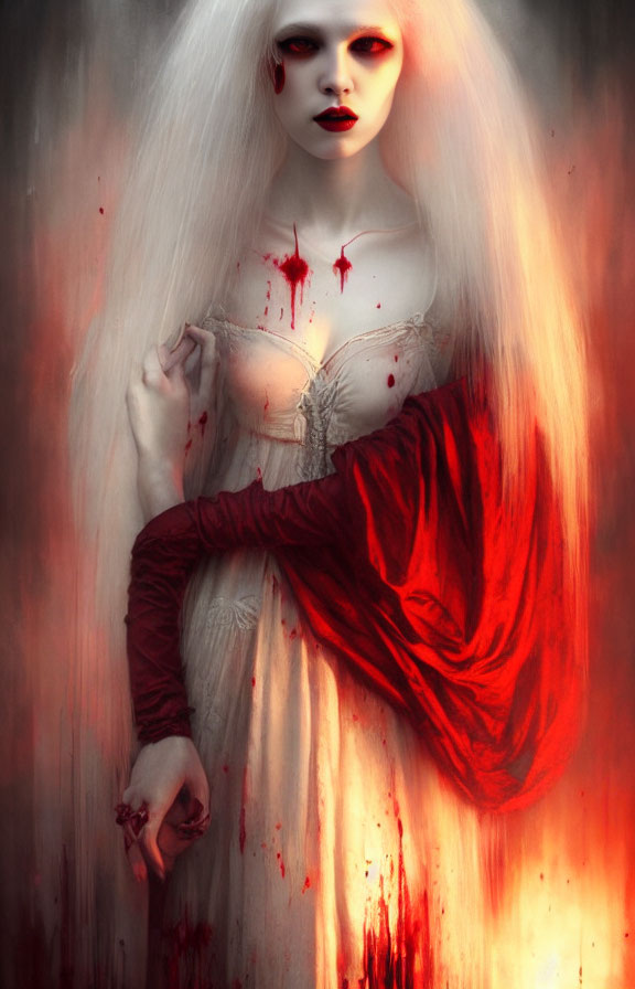 Pale figure with white hair in bloodstained dress - haunting vampire vibes