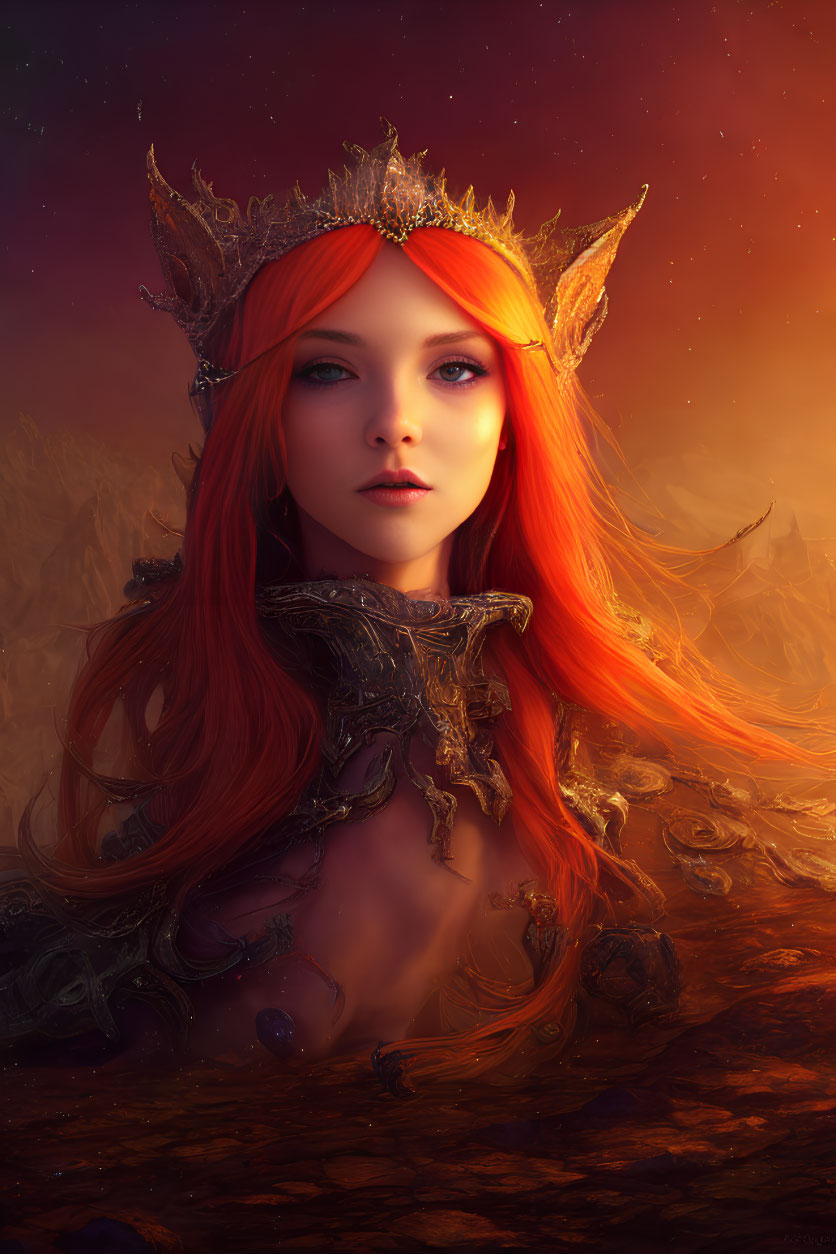 Digital artwork of woman with red hair in armor & crown in fiery landscape