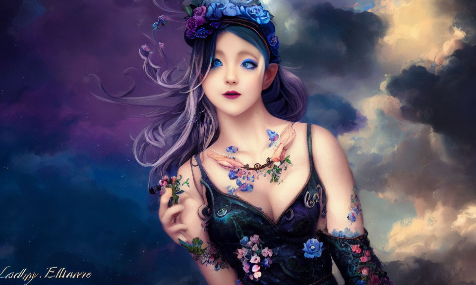 Fantasy woman with blue eyes, adorned with flowers and butterflies in cloudy sky