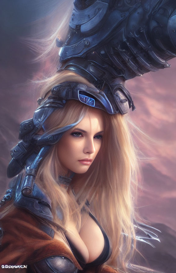 Blonde woman in futuristic armor against cloudy background