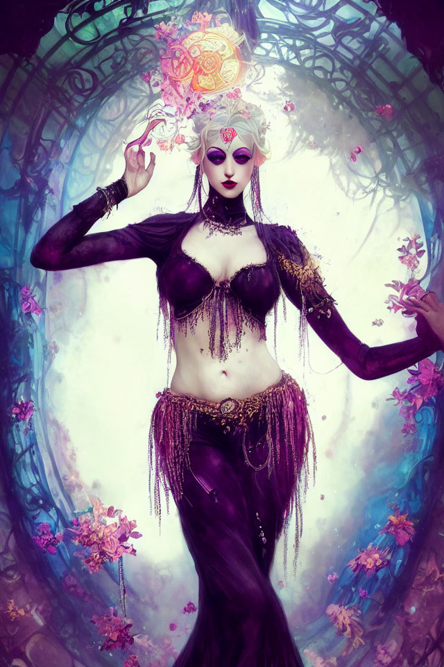 Mystical female figure in purple attire among floral backdrop