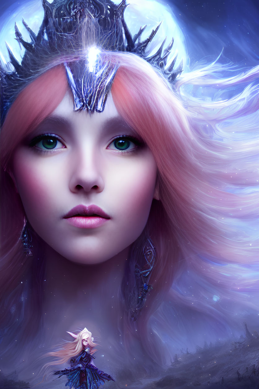 Fantasy illustration of female entity with pink hair and icy crown.