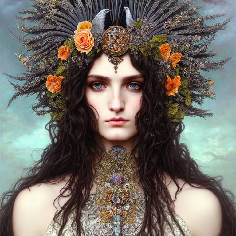 Woman with Dark Hair and Blue Eyes in Elaborate Headdress and Tattoos