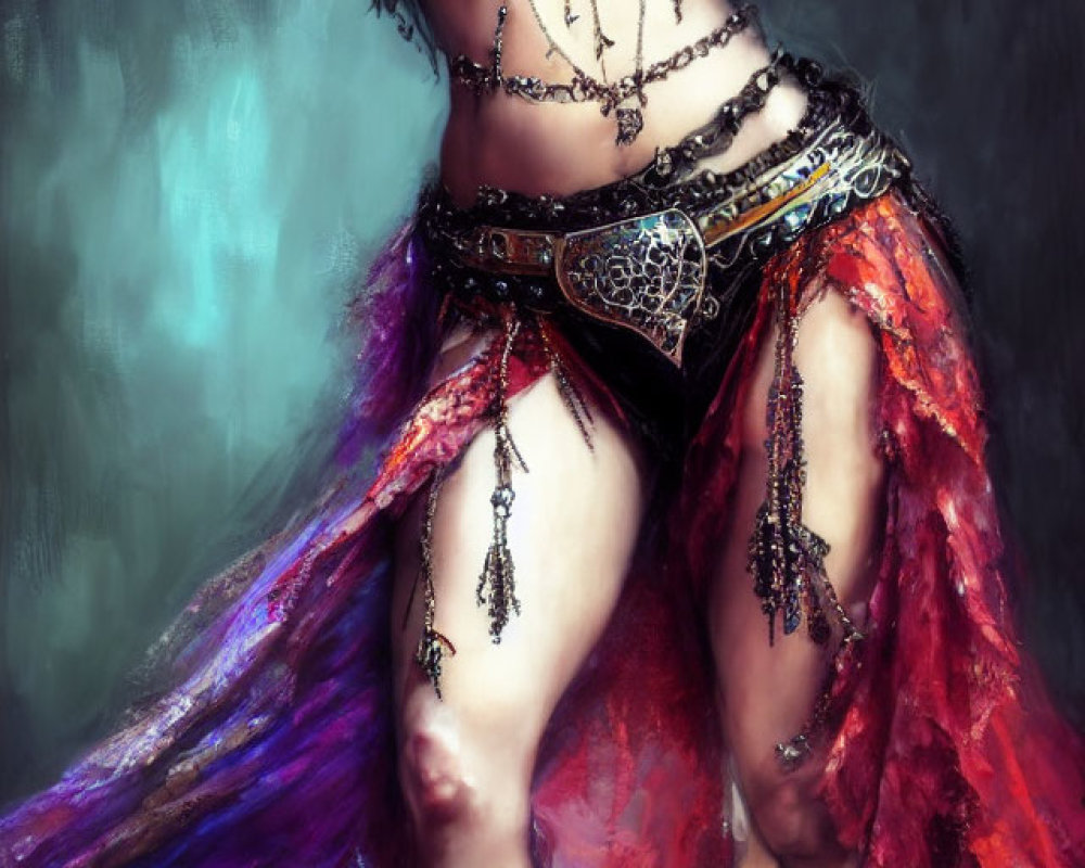 Elaborate belly dance attire with beaded bra and red skirt