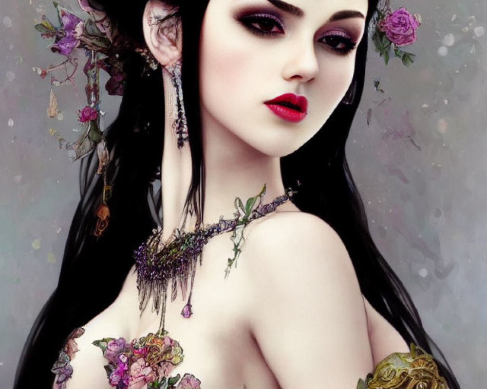 Pale woman with black hair and floral body art on grey background