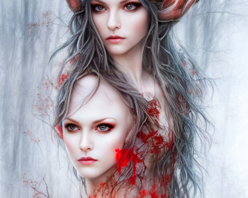 Ethereal artwork featuring two pale figures with antler-like branches and red accents