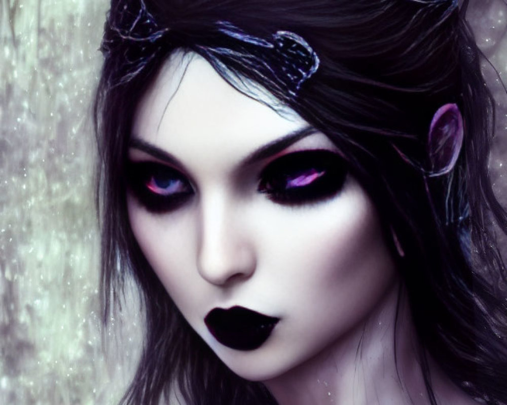 Digital artwork of female fantasy character with dark hair, purple eyes, black lipstick, and ornate head