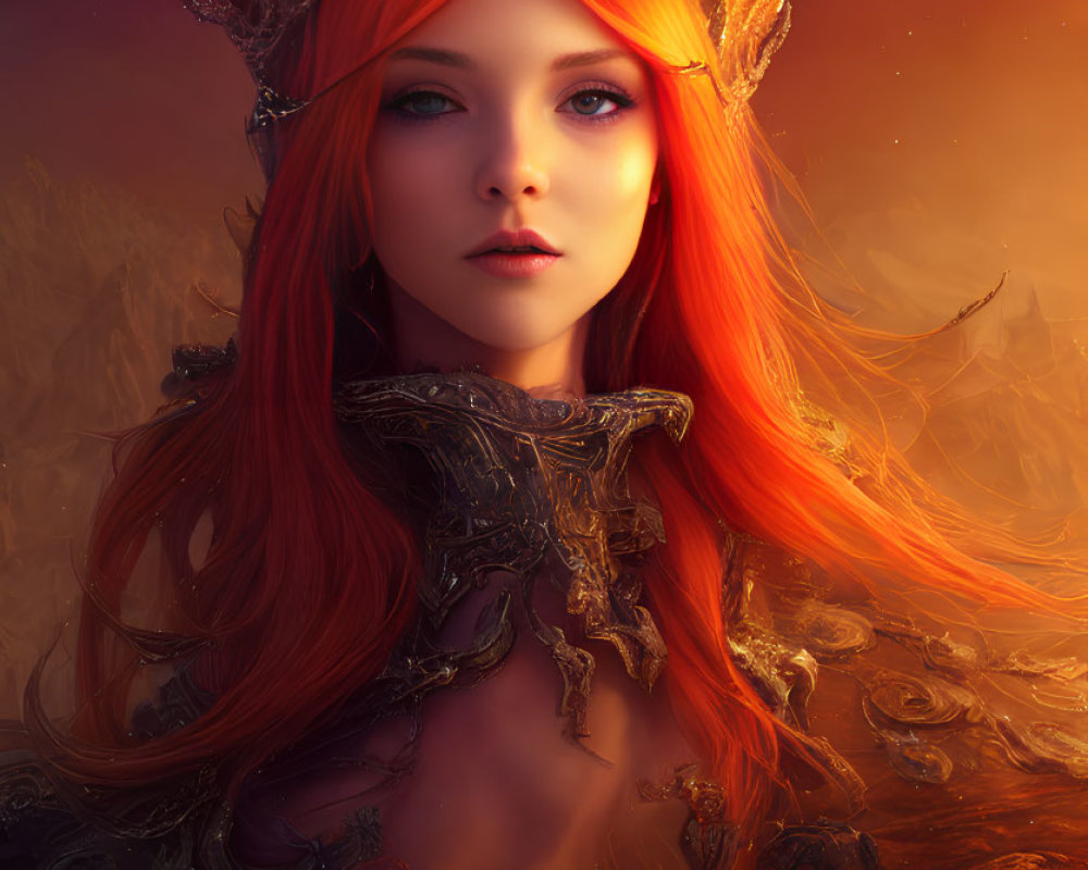 Digital artwork of woman with red hair in armor & crown in fiery landscape