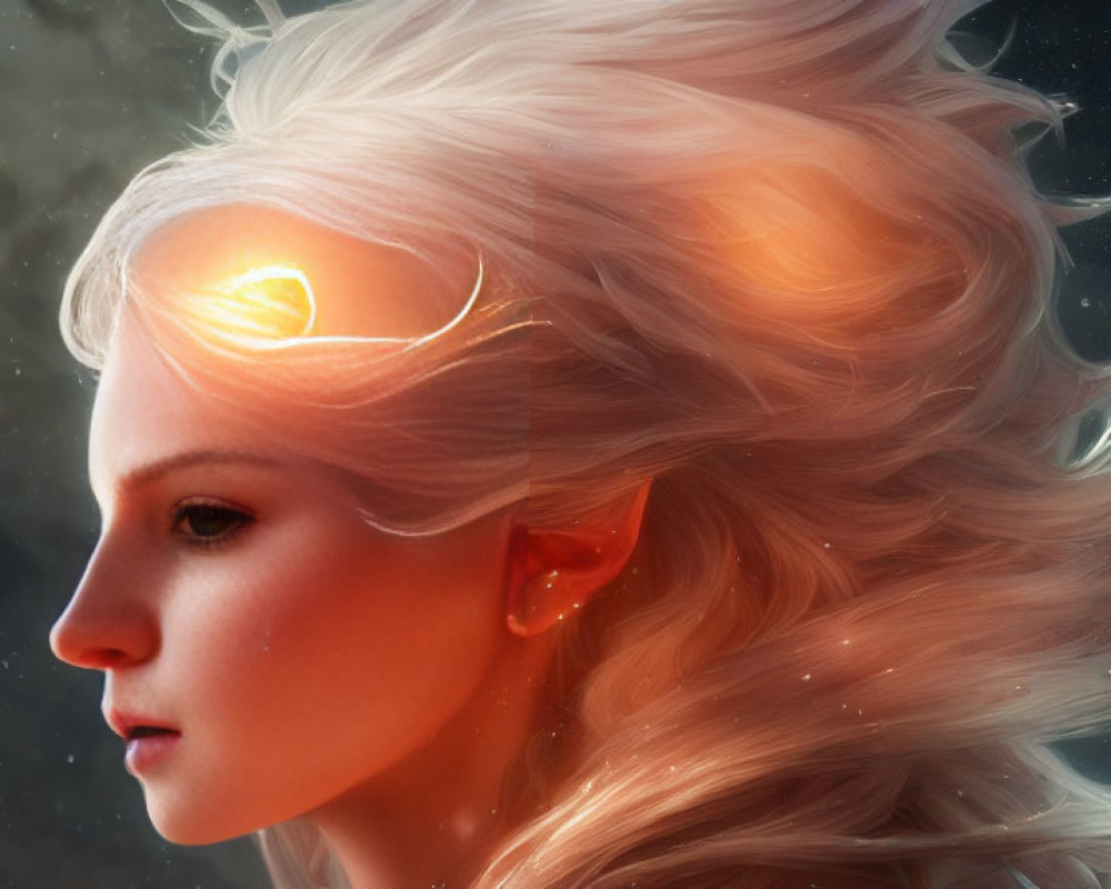 Fantasy artwork: Woman with flowing hair and glowing eye in cosmic setting