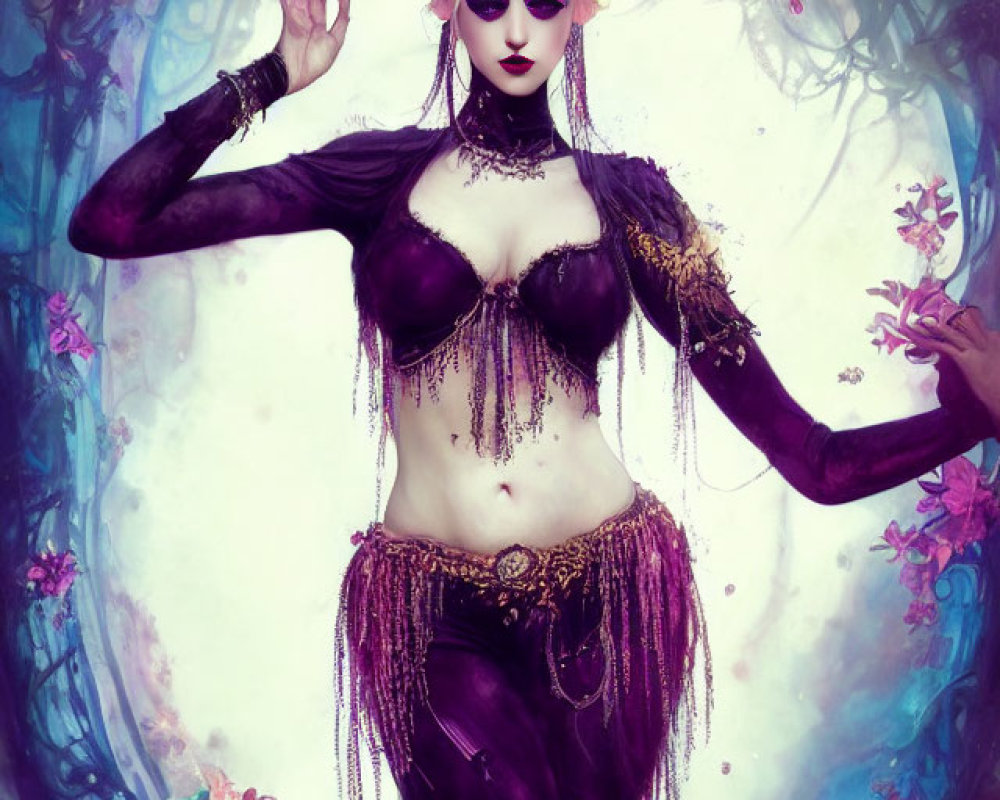 Mystical female figure in purple attire among floral backdrop