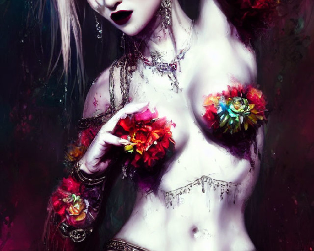Fantasy portrait of woman with silver hair and floral accents