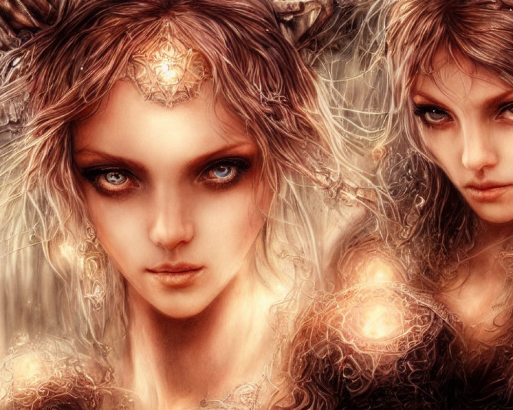 Ethereal women with luminous ornaments in nature-inspired backdrop
