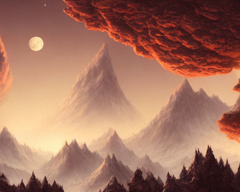 Misty mountains in surreal landscape under reddish sky