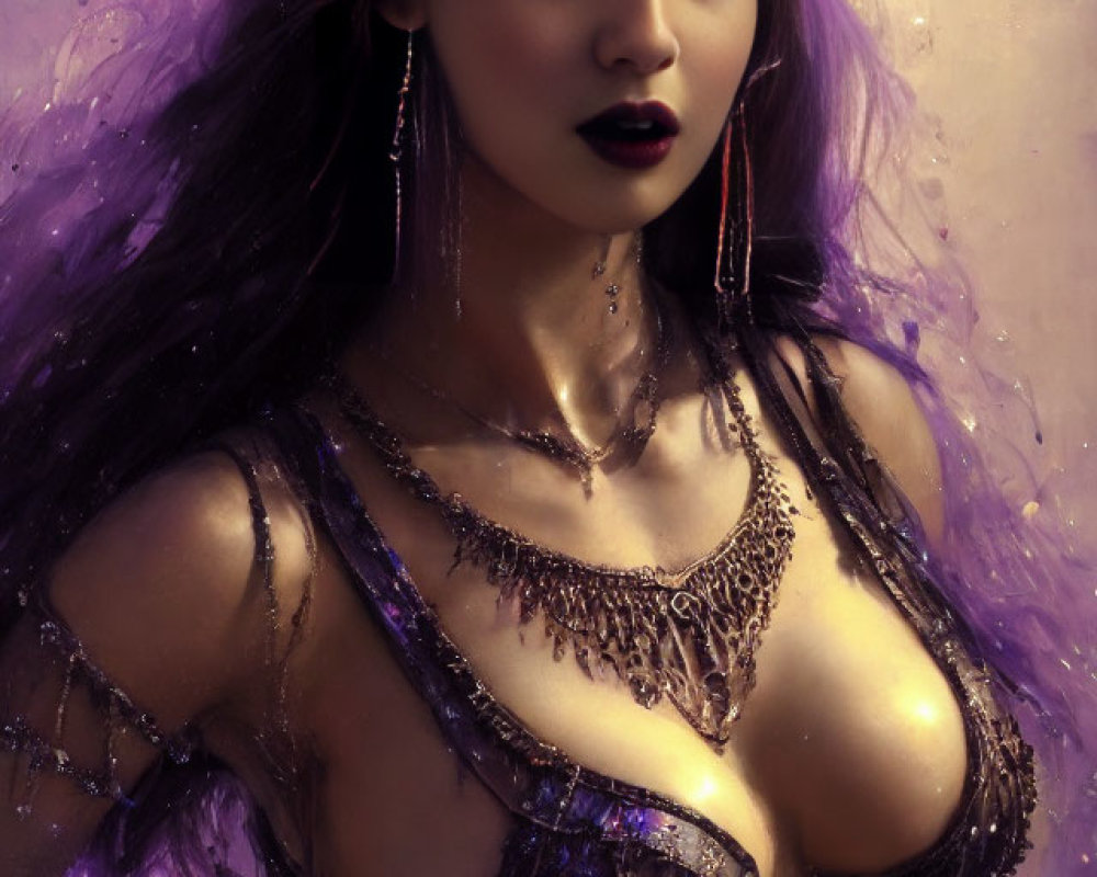 Purple-haired woman adorned with ornate jewelry in digital painting