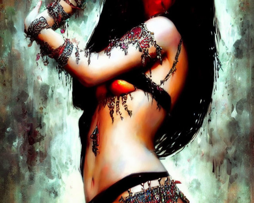 Woman with Exotic Makeup and Jewelry in Belly Dance Fantasy Style