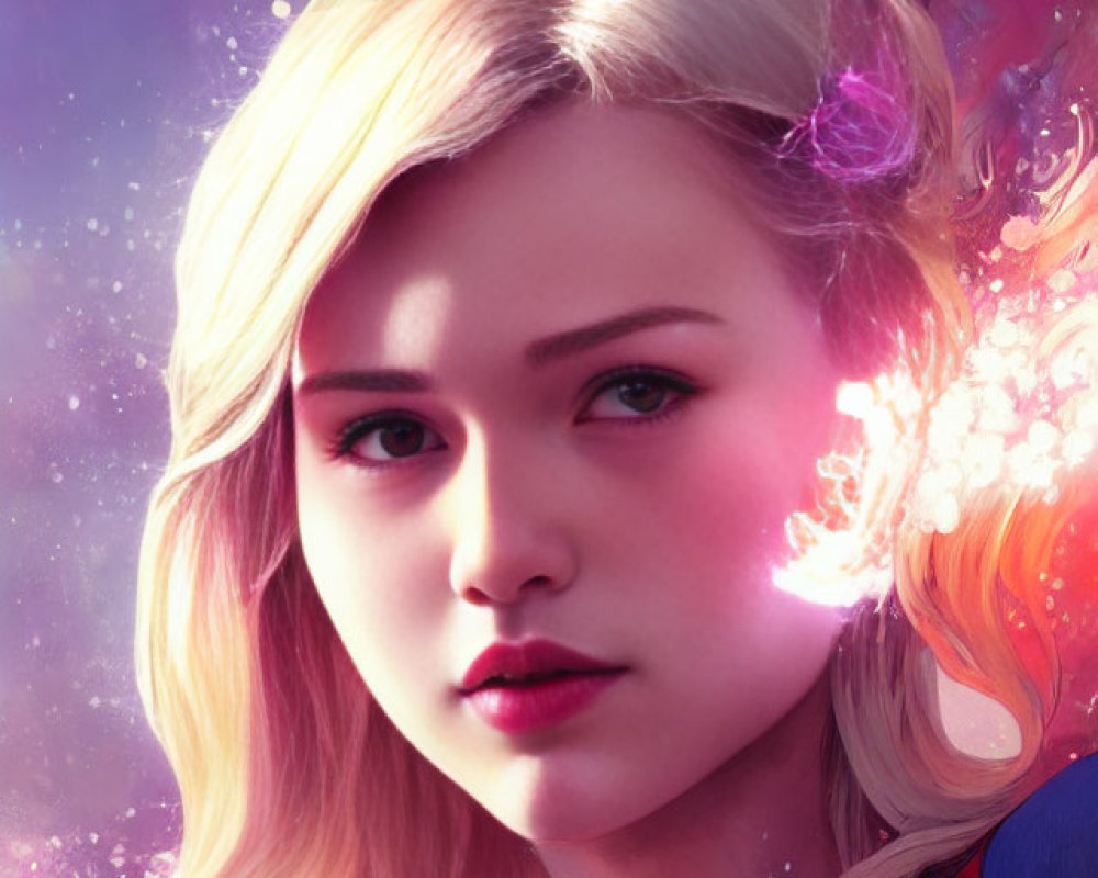Blonde Supergirl Costume Portrait in Cosmic Background