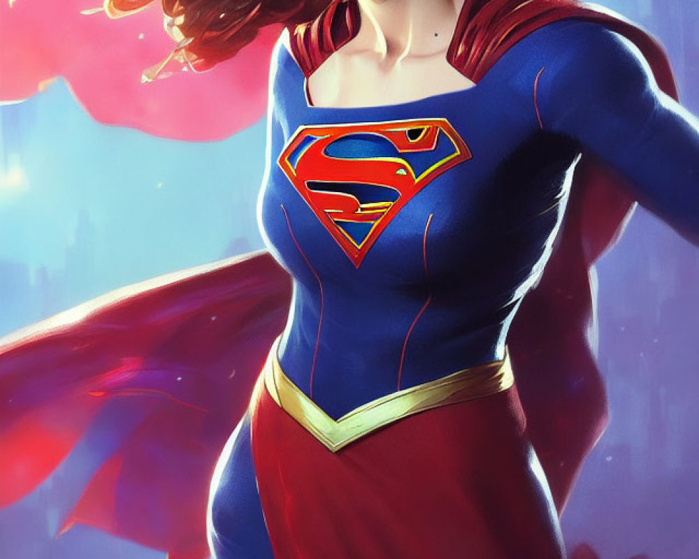 Young woman in Supergirl costume floating in cityscape.