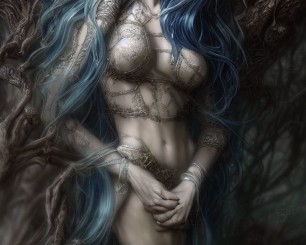 Fantastical female figure with blue wavy hair and ornate headpiece in metallic body armor among