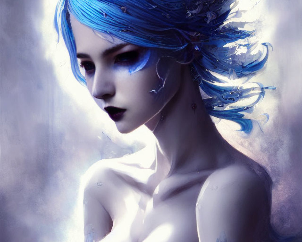 Striking Blue Hair Woman with Elaborate Skin Designs