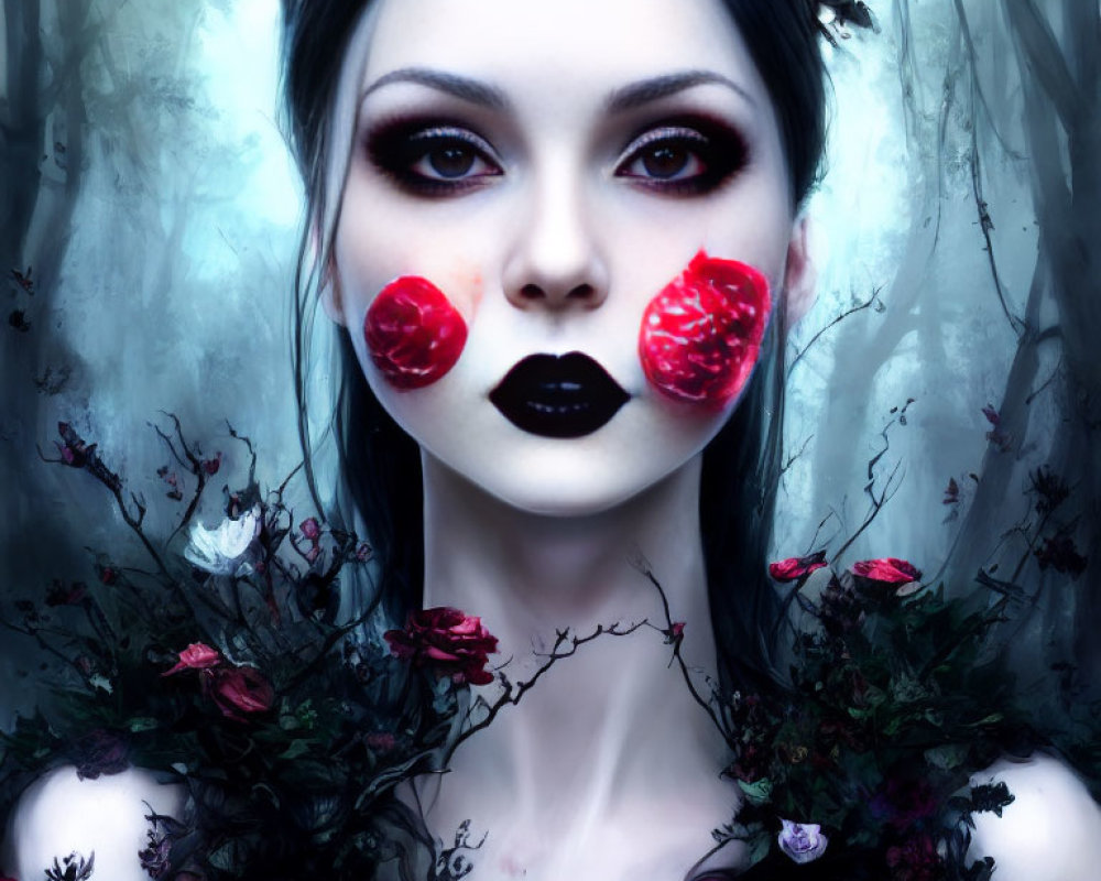 Gothic-themed image of a pale woman with dark eye makeup and crown of dark roses