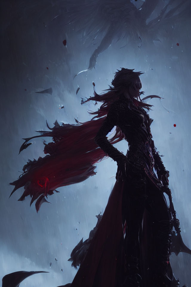 Red-haired figure in dark, mysterious setting with swirling petals.
