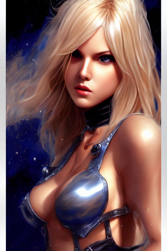Blonde Female Character in Futuristic Silver Armor on Starry Background