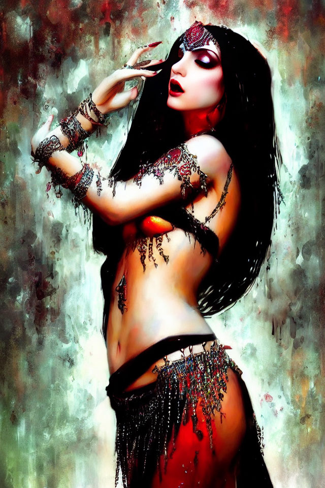 Woman with Exotic Makeup and Jewelry in Belly Dance Fantasy Style