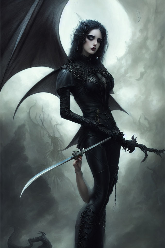Gothic woman in black attire with sword and dragon-like wings in misty moonlit scene