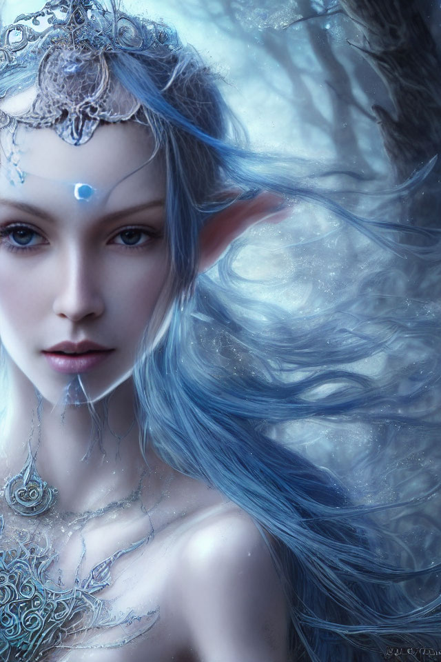 Ethereal being with blue hair and silver headpieces in misty forest